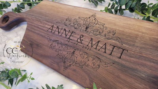 100 - Baroque Last Name Engraved Name(s) Charcuterie Board | Wedding Anniversary Gifts | Engraved Cutting Board | Personalized Couple Gift