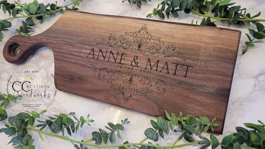 100 - Baroque Last Name Engraved Name(s) Charcuterie Board | Wedding Anniversary Gifts | Engraved Cutting Board | Personalized Couple Gift