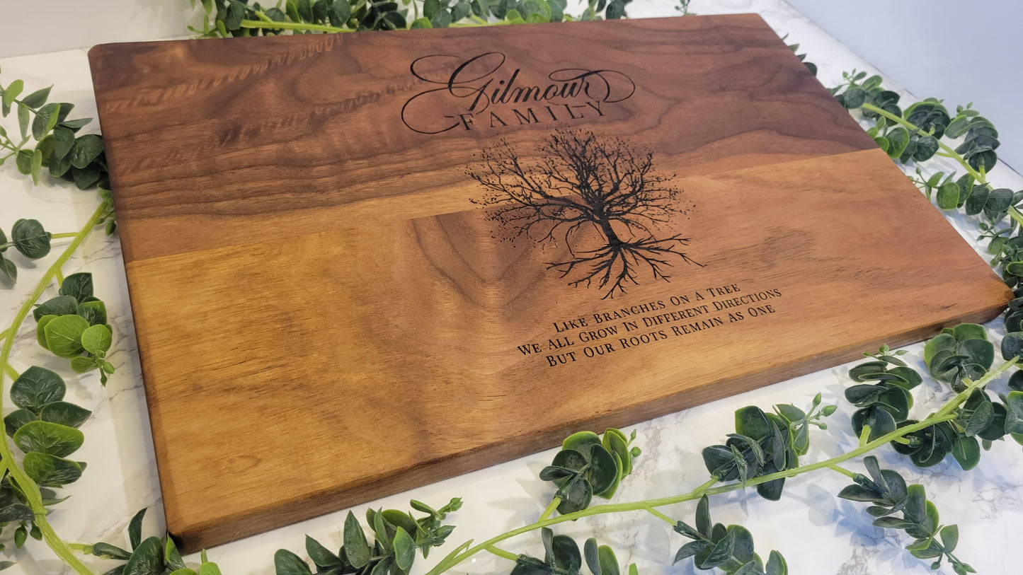 Custom walnut  family tree 11x20 cutting board with personalized engraving.