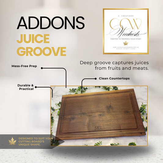 Juice groove add-on for personalized cutting boards, perfect for capturing liquids.