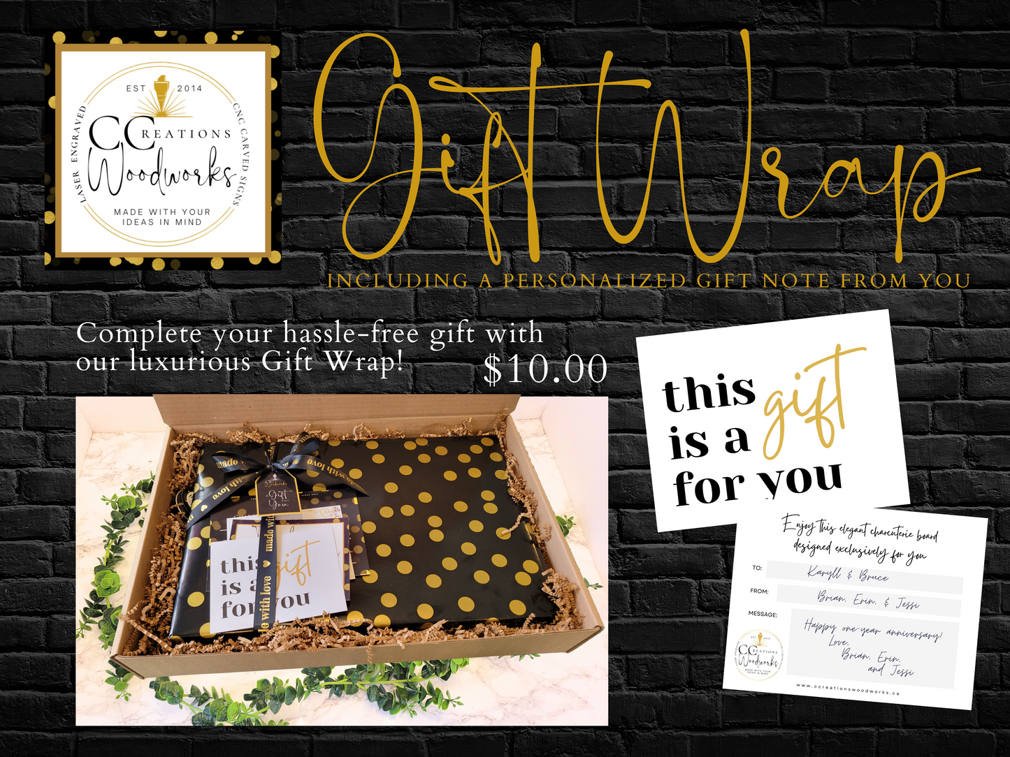 Luxurious gift wrap with personalized note by Creations Woodworks, perfect for hassle-free gifting. Only $10.00.