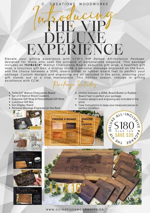 Introduction to CCW's VIP Deluxe Experience for personalized wood charcuterie boards with customizable engraving and premium features.