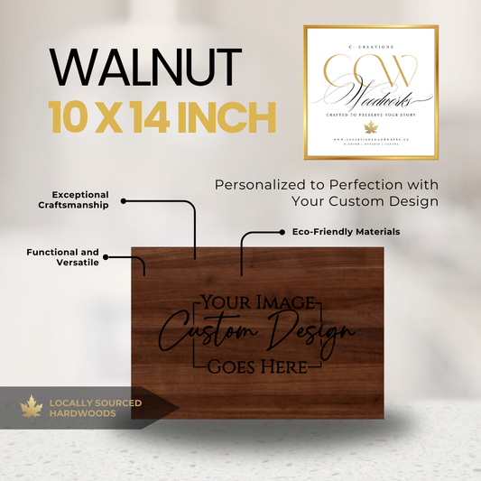 Walnut 10x14 cutting board with personalized engraving.