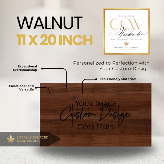 Walnut 11x20cutting board with custom logo engraving.