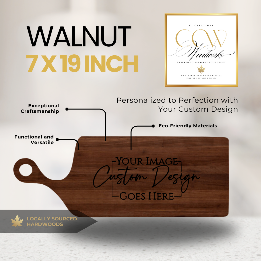 Walnut 7x19 custom cutting board with engraved design.