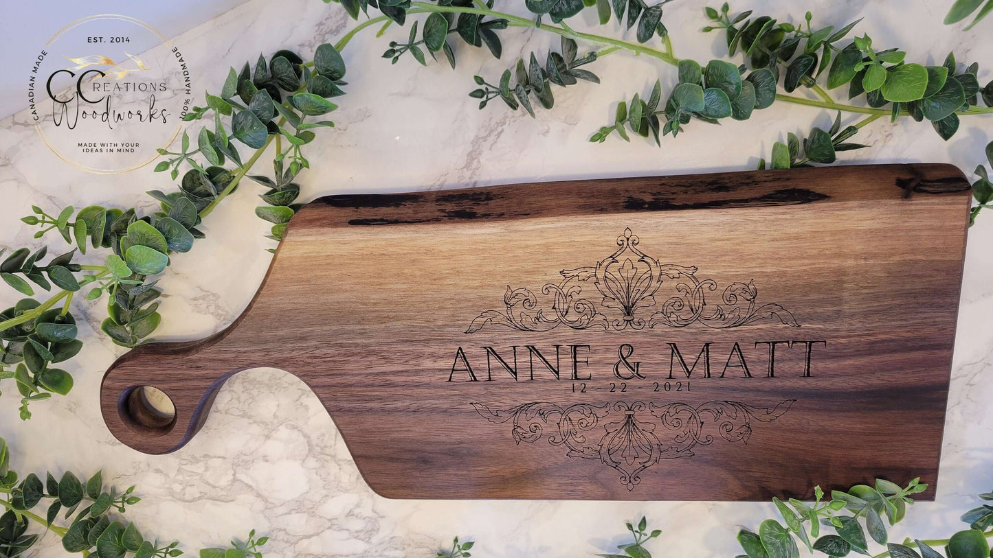 100 - Baroque Last Name Engraved Name(s) Charcuterie Board | Wedding Anniversary Gifts | Engraved Cutting Board | Personalized Couple Gift