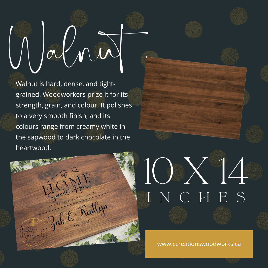 Walnut handcrafted cutting boards - 10x14 inches - Custom engraved designs by CCW. Unique personalized gifts for any occasion.