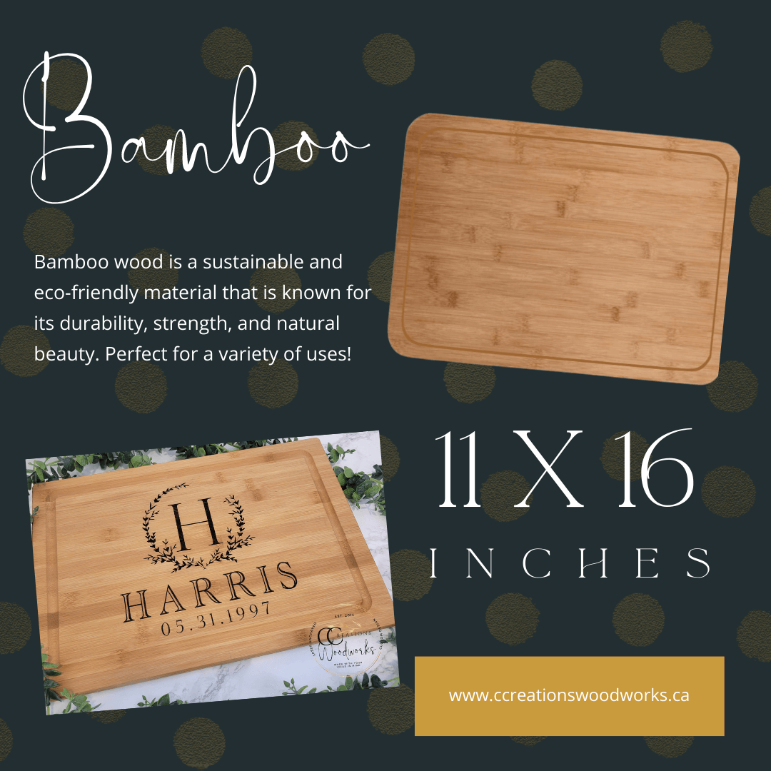 Custom bamboo cutting board engraved with "Harris" 11x16 inches by CCW, made from eco-friendly and durable bamboo.