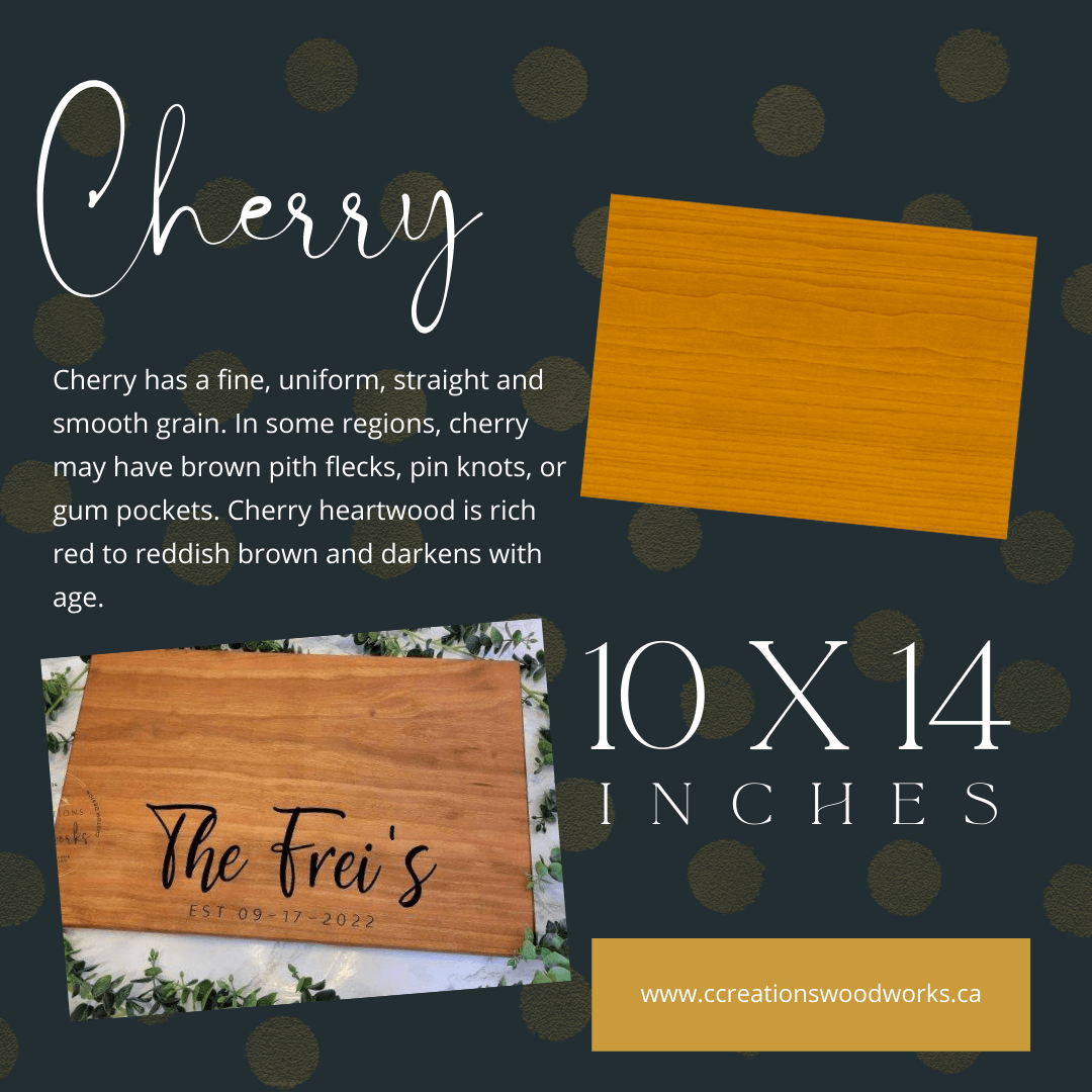 Cherry wood cutting board 10x14 inches with custom engraving by CCW, showcasing rich grain and personalized design.