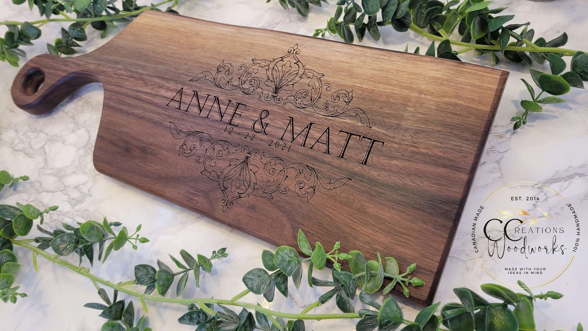 100 - Baroque Last Name Engraved Name(s) Charcuterie Board | Wedding Anniversary Gifts | Engraved Cutting Board | Personalized Couple Gift