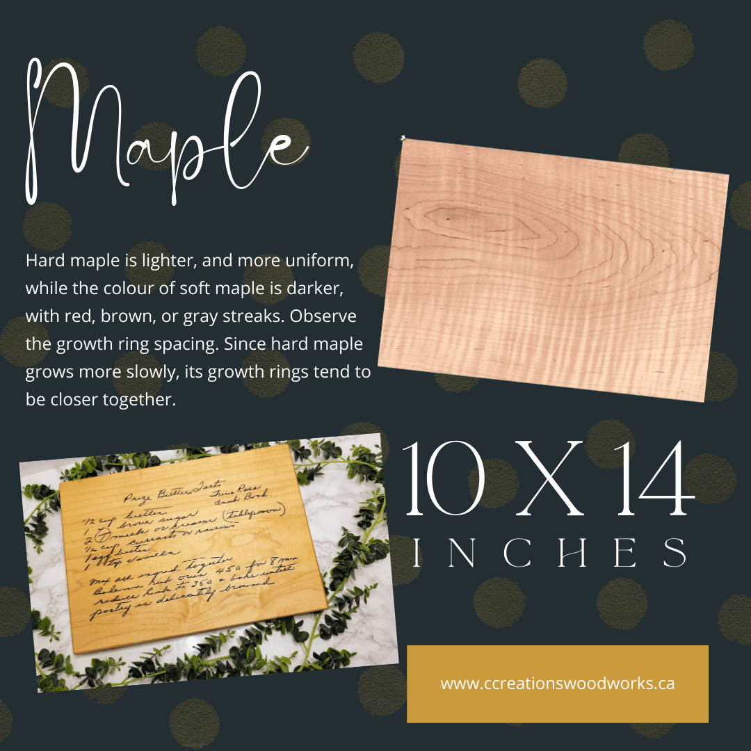 Custom maple wood cutting board 10x14 inches with personalized engraved recipe, handcrafted by CCW.