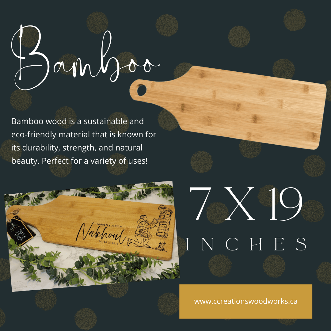 Bamboo cutting board 7x19 inches, handcrafted by CCW, eco-friendly and sustainable, perfect for personalized engravings and unique gifts.