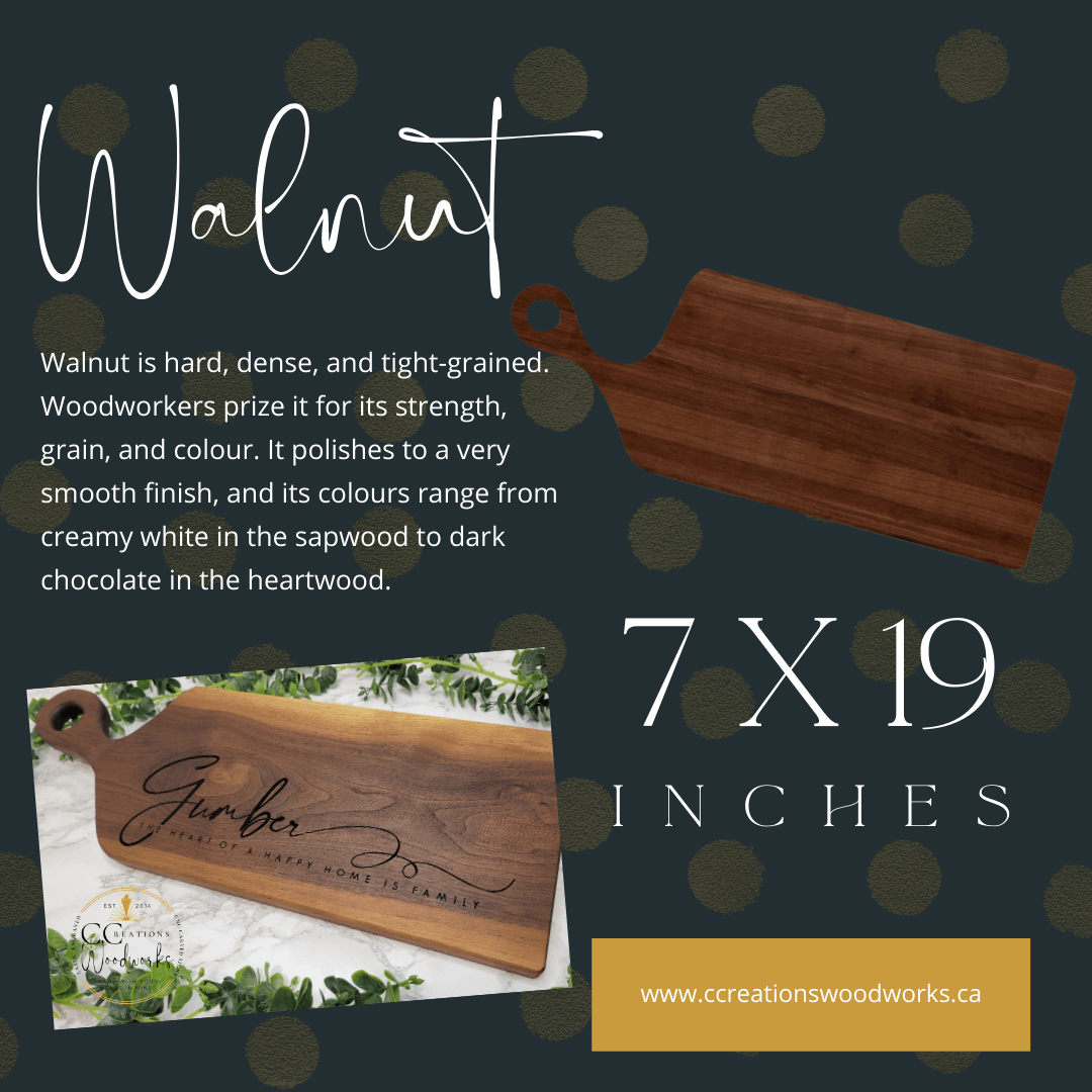 Handcrafted walnut cutting board with custom engraving by CCW, showcasing expert craftsmanship and unique design in 7x19 inches size.