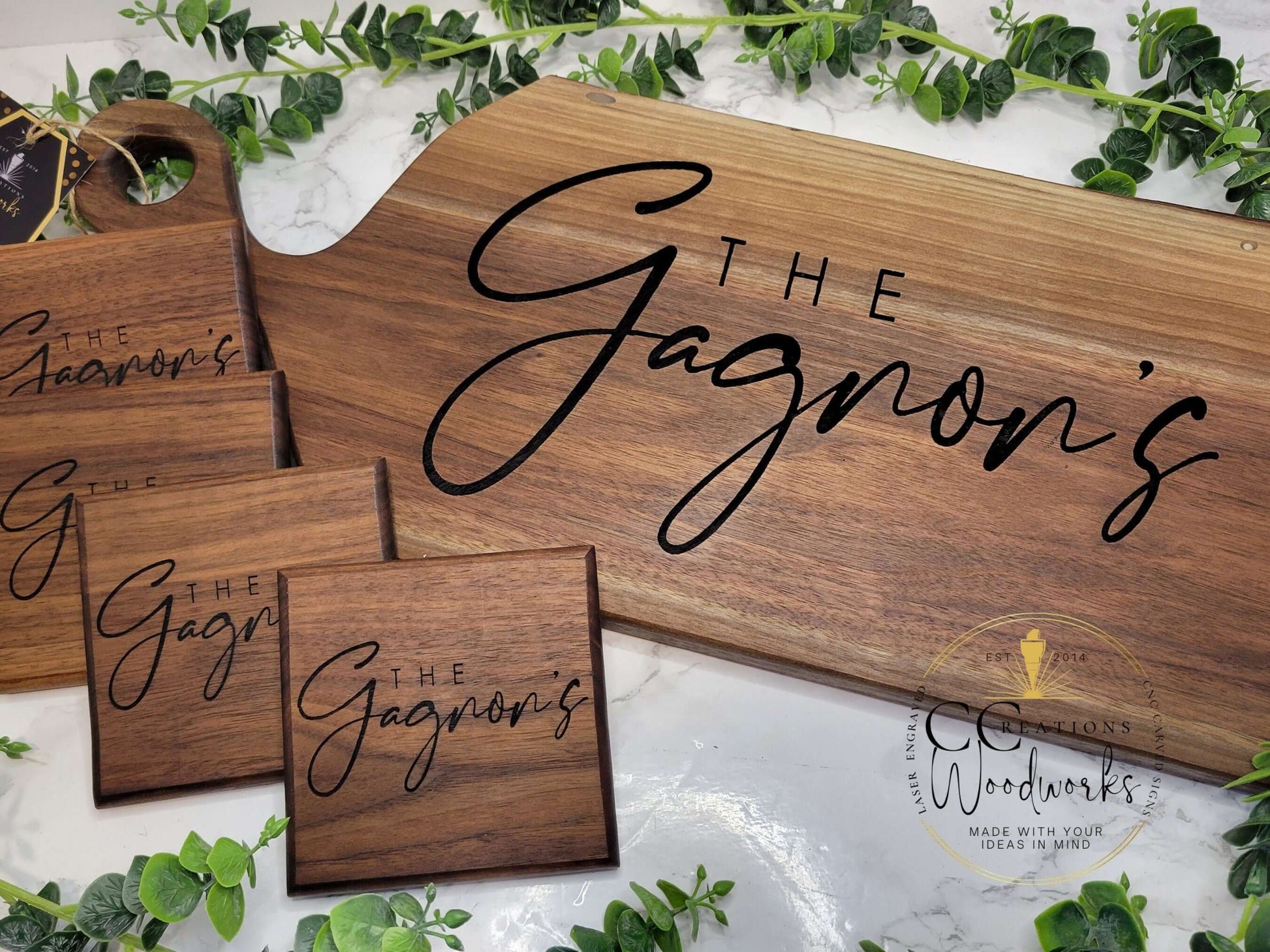 Custom Engraved Minimalist Cutting Board and Coasters Set - A Stylish and Practical Addition to Any Home - CCreations Woodworks