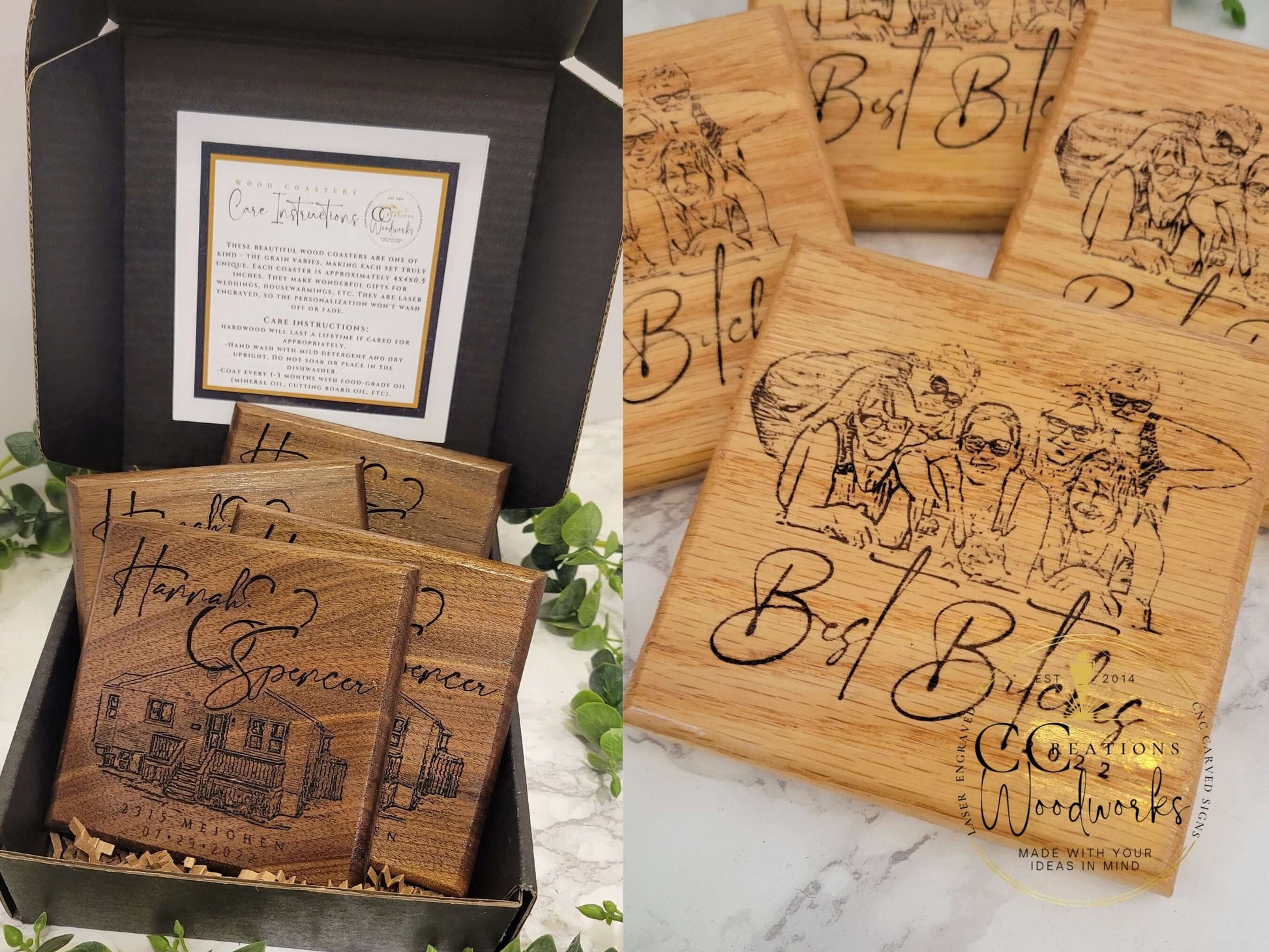 Custom Engraved Square Hardwood Coaster Set - Personalized Barware for any Occasion - CCreations Woodworks