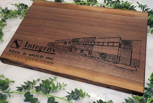 Live Edge Business Building Portrait Engraved Charcuterie Board | Serve Clients in Style - CCreations Woodworks