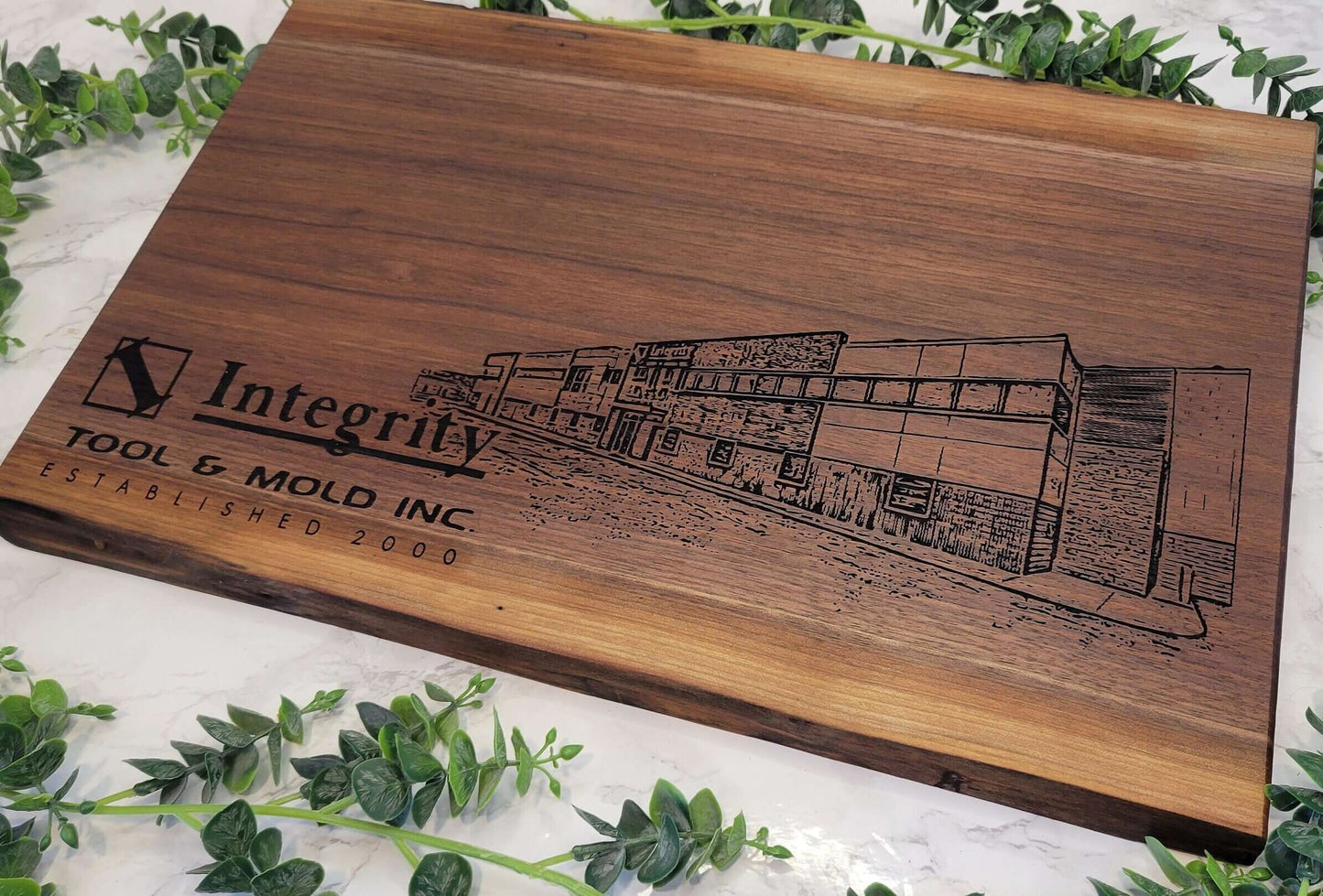 Live Edge Business Building Portrait Engraved Charcuterie Board | Serve Clients in Style - CCreations Woodworks