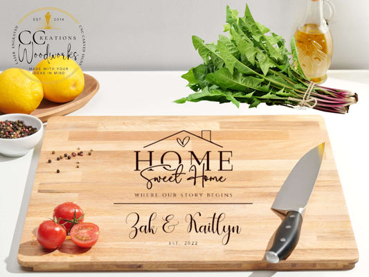 Personalized Home Sweet-Home Housewarming Charcuterie Board with engraved family name and vegetables on a wooden surface